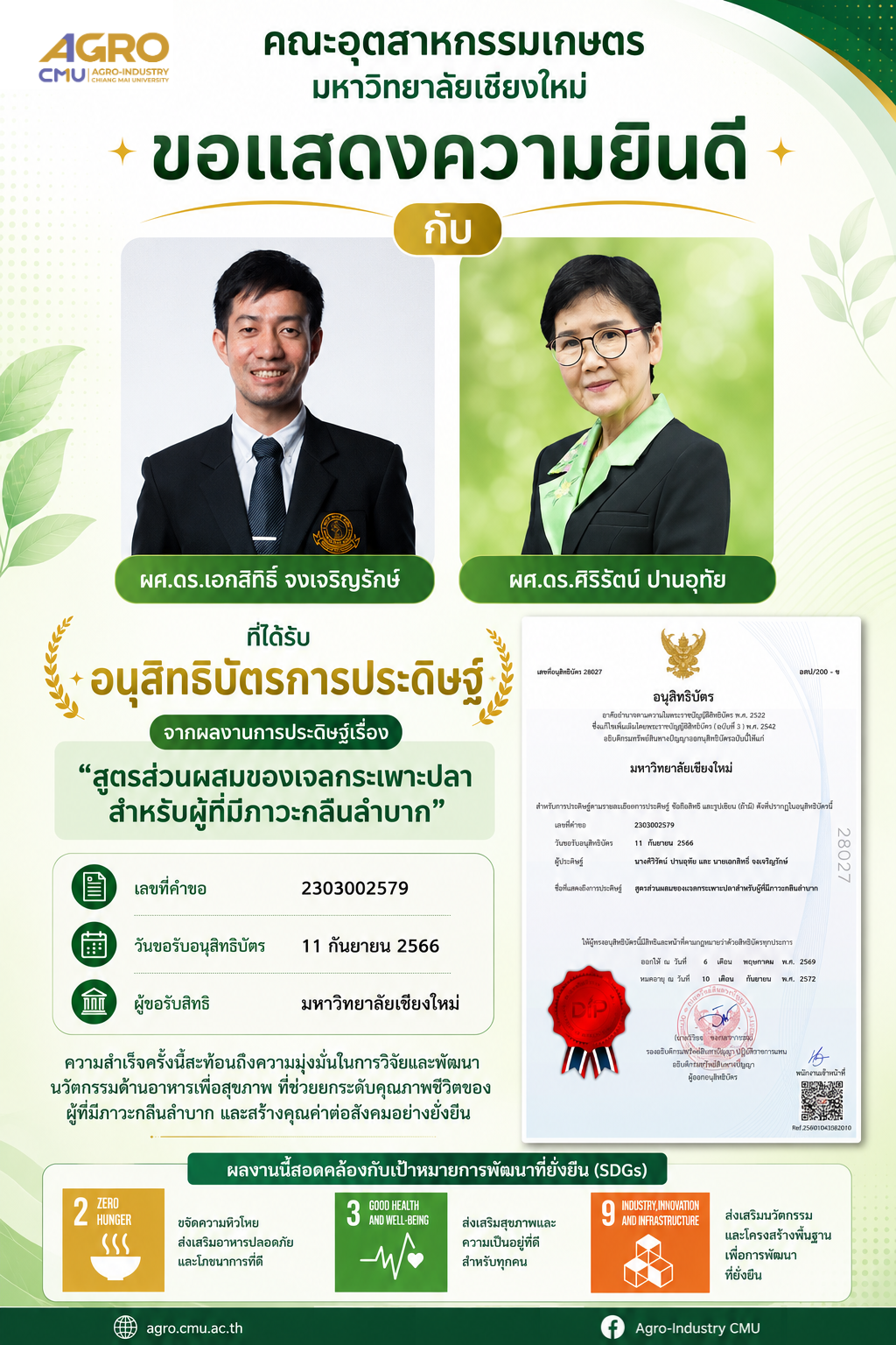 คณะอุตสาหกรรมเกษตร มหาวิทยาลัยเชียงใหม่ ขอแสดงความยินดีกับ ผู้ช่วยศาสตราจารย์ ดร.เอกสิทธิ์ จงเจริญรักษ์ และผู้ช่วยศาสตราจารย์ ดร.ศิริรัตน์ ปานอุทัย ในโอกาสได้รับอนุสิทธิบัตรการประดิษฐ์ จากผลงานเรื่อง “สูตรส่วนผสมของเจลกระเพาะปลาสำหรับผู้ที่มีภาวะกลืนลำบาก”