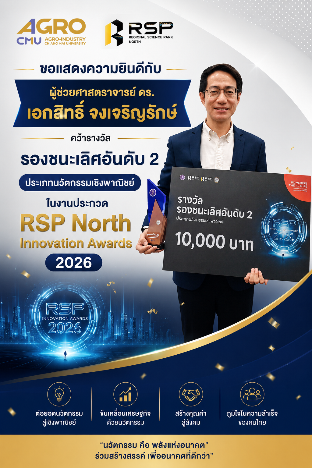 ขอแสดงความยินดีกับ ผู้ช่วยศาสตราจารย์ ดร. เอกสิทธิ์ จงเจริญรักษ์ คว้ารองชนะเลิศอันดับ 2 สาขานวัตกรรมเชิงพาณิชย์ ในงานประกวด RSP North Innovation Awards 2026